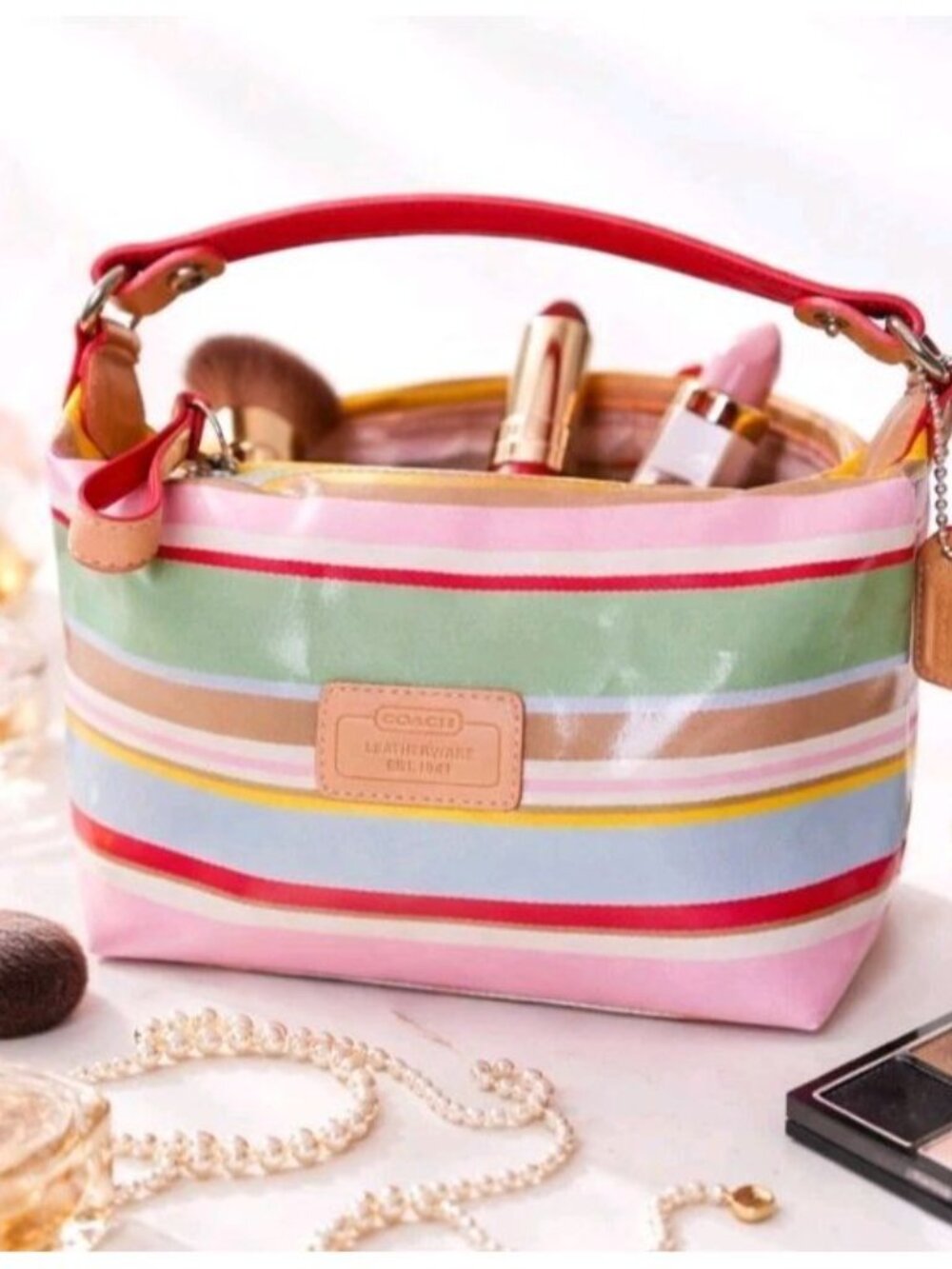 Coach Hampton Watercolor Stripe Pouch Bag Y2K Vintage Vachetta Trim Rare